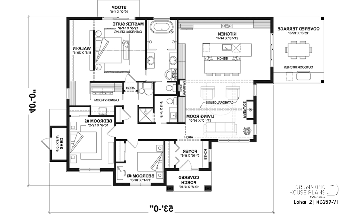 1st level - Spacious single-storey house plan, floating slab, 3 beds, 2 bathrooms, large kitchen island with bench seat - Lohan 2