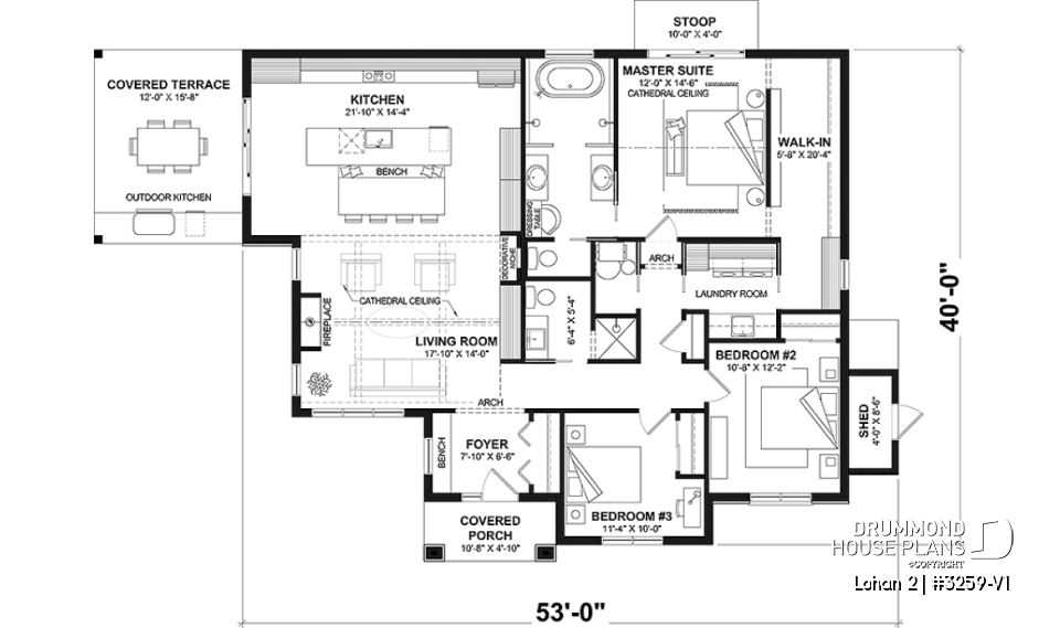 1st level - Slab foundation - Spacious single-storey house plan, floating slab, 3 beds, 2 bathrooms, large kitchen island with bench seat - Lohan 2