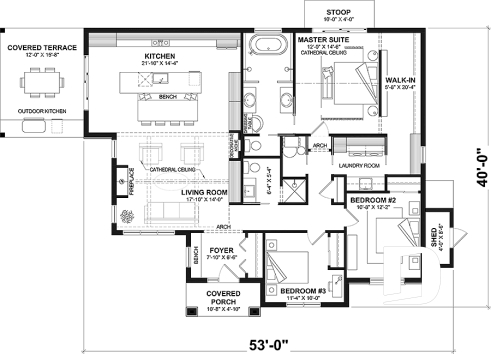 1st level - Slab foundation - Spacious single-storey house plan, floating slab, 3 beds, 2 bathrooms, large kitchen island with bench seat - Lohan 2