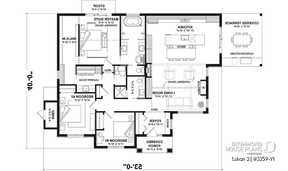 1st level - Slab foundation - Spacious single-storey house plan, floating slab, 3 beds, 2 bathrooms, large kitchen island with bench seat - Lohan 2