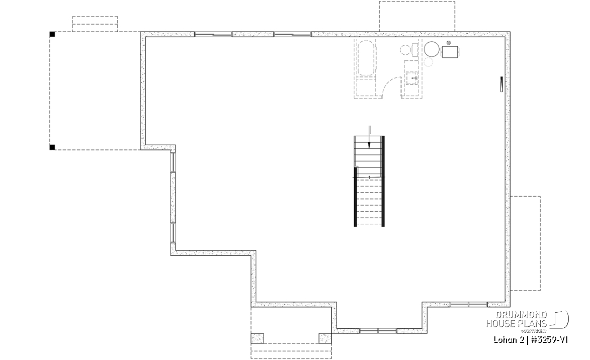 Unfinished basement (Optional $) - Spacious single-storey house plan, floating slab, 3 beds, 2 bathrooms, large kitchen island with bench seat - Lohan 2