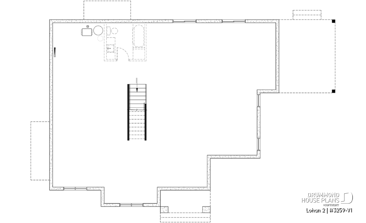 Unfinished basement (Optional $) - Spacious single-storey house plan, floating slab, 3 beds, 2 bathrooms, large kitchen island with bench seat - Lohan 2