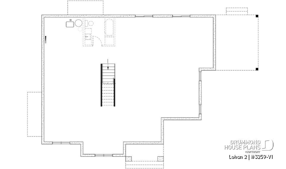Unfinished basement (Optional $) - Spacious single-storey house plan, floating slab, 3 beds, 2 bathrooms, large kitchen island with bench seat - Lohan 2