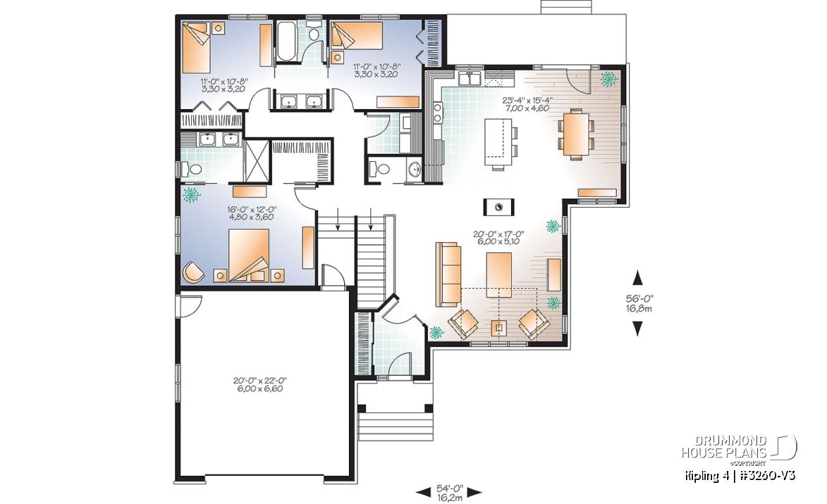 1st level - Contemporary Craftsman house plan, 3 bedrooms, master suite, fireplace, open floor plan layout, 2-car garage - Kipling 4