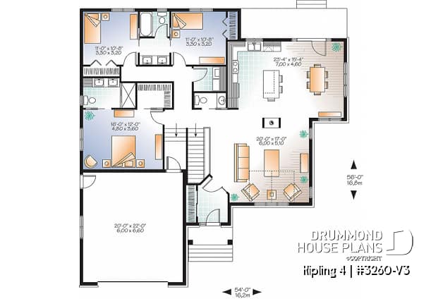 1st level - Contemporary Craftsman house plan, 3 bedrooms, master suite, fireplace, open floor plan layout, 2-car garage - Kipling 4