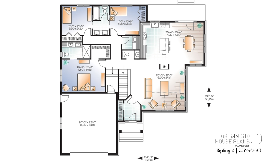1st level - Contemporary Craftsman house plan, 3 bedrooms, master suite, fireplace, open floor plan layout, 2-car garage - Kipling 4