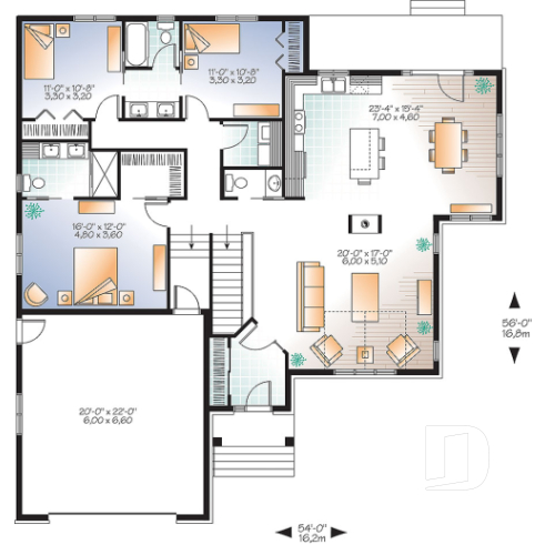 1st level - Contemporary Craftsman house plan, 3 bedrooms, master suite, fireplace, open floor plan layout, 2-car garage - Kipling 4