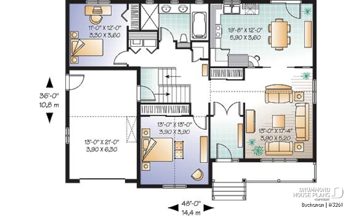 1st level - Ranch style 2 bedroom bungalow home plan, one-car garage (with storage), kitchen with pantry and planning desk - Buchanan