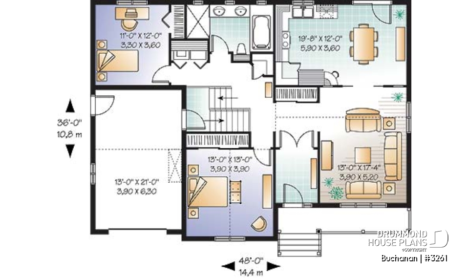 1st level - Ranch style 2 bedroom bungalow home plan, one-car garage (with storage), kitchen with pantry and planning desk - Buchanan