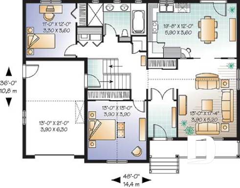 1st level - Ranch style 2 bedroom bungalow home plan, one-car garage (with storage), kitchen with pantry and planning desk - Buchanan