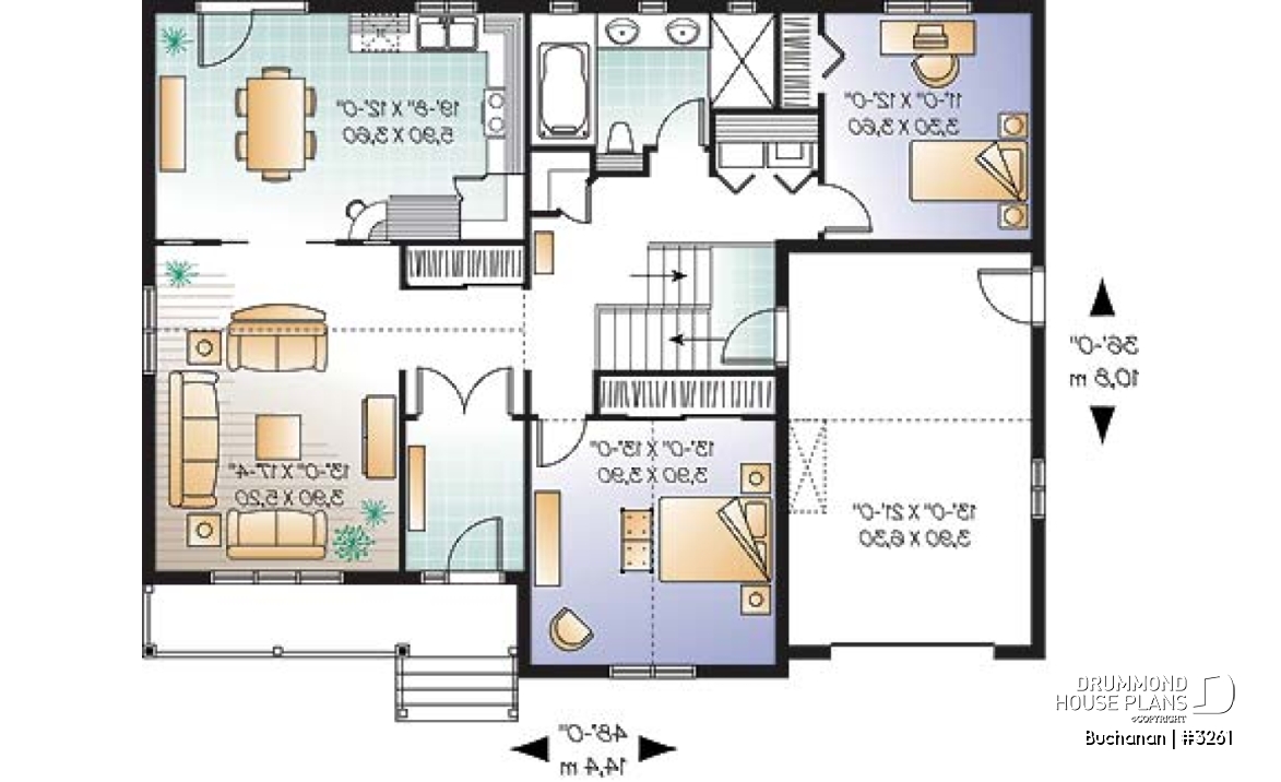 1st level - Ranch style 2 bedroom bungalow home plan, one-car garage (with storage), kitchen with pantry and planning desk - Buchanan