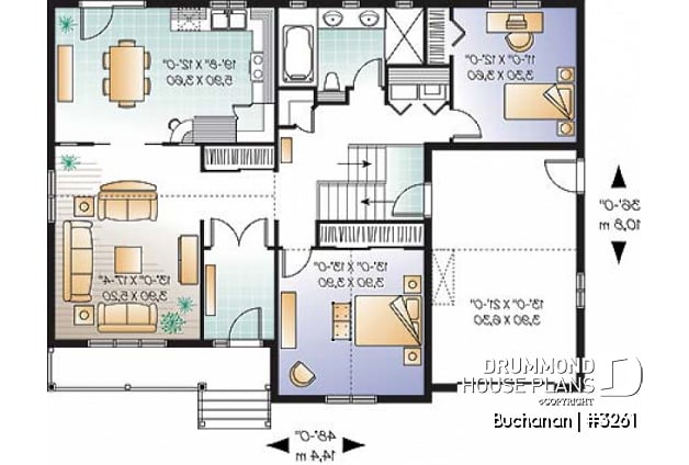 1st level - Ranch style 2 bedroom bungalow home plan, one-car garage (with storage), kitchen with pantry and planning desk - Buchanan