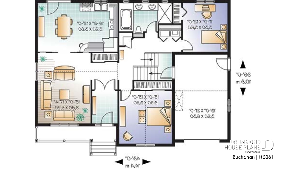 1st level - Ranch style 2 bedroom bungalow home plan, one-car garage (with storage), kitchen with pantry and planning desk - Buchanan