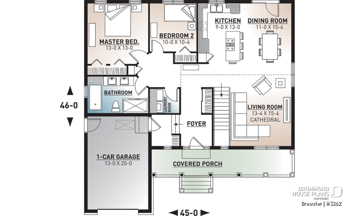 1st level - Small Country style bungalow house plan with garage, cathedral ceiling, bonus storage above garage - Brewster