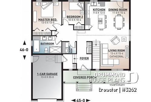 1st level - Small Country style bungalow house plan with garage, cathedral ceiling, bonus storage above garage - Brewster