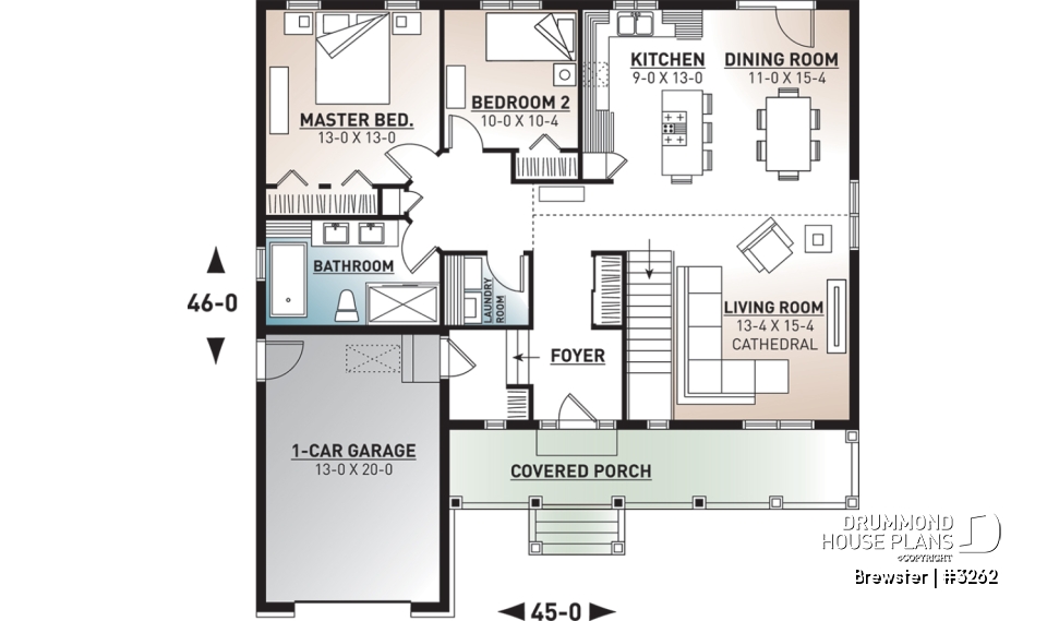 1st level - Small Country style bungalow house plan with garage, cathedral ceiling, bonus storage above garage - Brewster