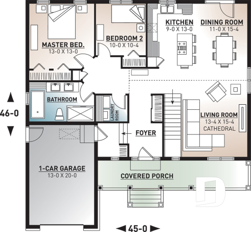 1st level - Small Country style bungalow house plan with garage, cathedral ceiling, bonus storage above garage - Brewster