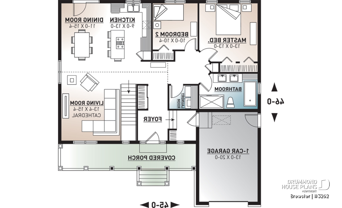 1st level - Small Country style bungalow house plan with garage, cathedral ceiling, bonus storage above garage - Brewster
