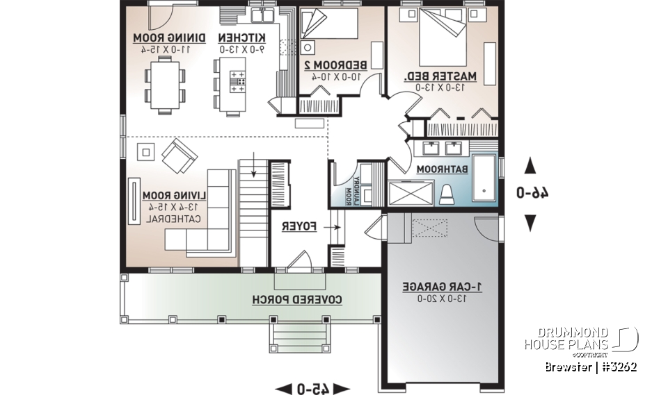 1st level - Small Country style bungalow house plan with garage, cathedral ceiling, bonus storage above garage - Brewster