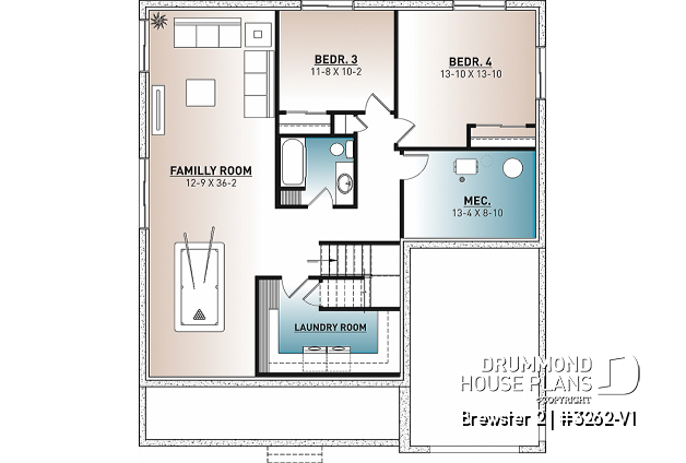Finished basement - Modern Farmhouse house plan with garage, 2 to 4 bedrooms, finished daylight basement, pantry, mudroom - Brewster 2