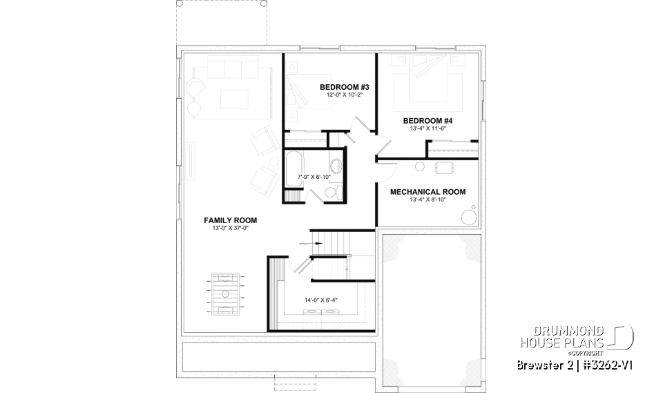 Finished basement (Optional $) - Modern Farmhouse Bungalow Plan with Garage, Fireplace and Optional Basement - Brewster 2