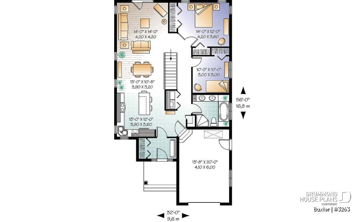 1st level - Beautiful Single storey house plan with two bedrooms and laundry area on main floor, garage, open concept - Baxter