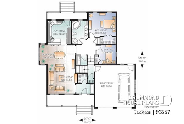 1st level - 2 bedroom craftsman style house plan with double garage, spacious floor plan - Jackson