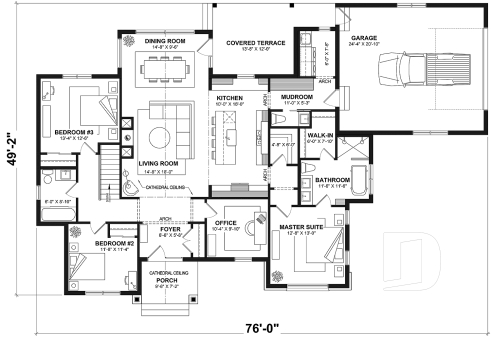 1st level - Basement foundation (Optional $) - Contemporary split bedroom home model with 3 bedrooms, den and a 2-car garage - Andrews