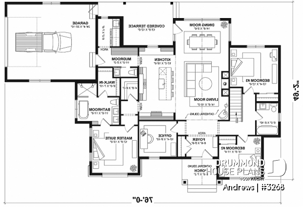 1st level (Optional $) of house plan 3268 1st level (Optional $) - Contemporary split bedroom home model with 3 bedrooms, den and a 2-car garage - Andrews
