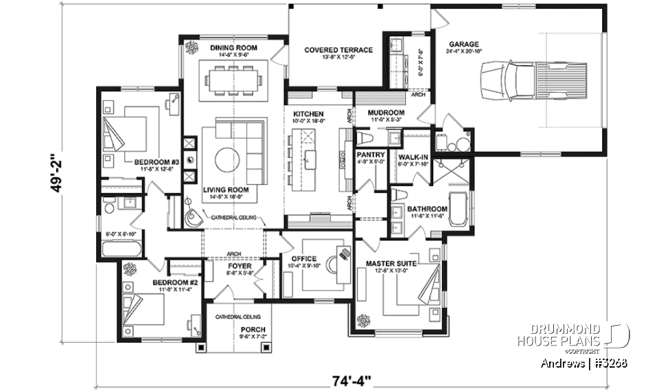 1st level - Slab foundation - Contemporary split bedroom home model with 3 bedrooms, den and a 2-car garage - Andrews
