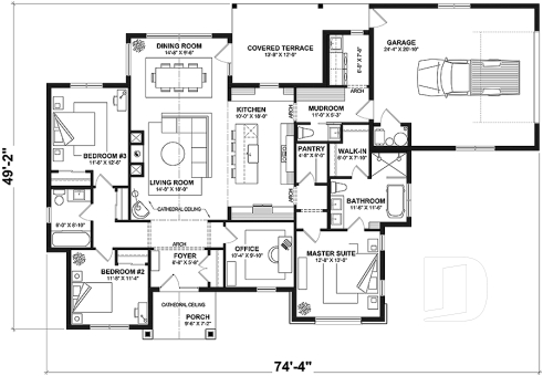1st level - Slab foundation - Contemporary split bedroom home model with 3 bedrooms, den and a 2-car garage - Andrews