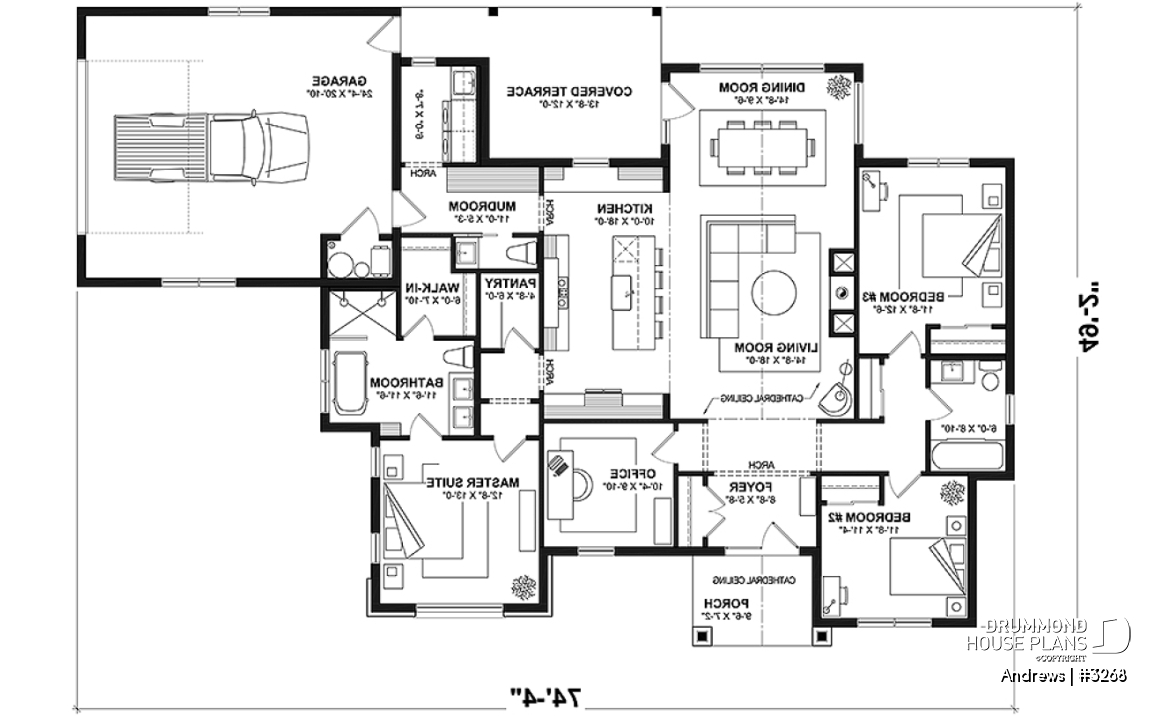 1st level - Slab foundation - Contemporary split bedroom home model with 3 bedrooms, den and a 2-car garage - Andrews