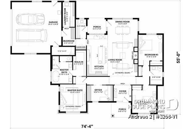 1st level - Modern single-story residential house plan, stunning primary suite, a two-car garage, and foundation options - Andrews 2