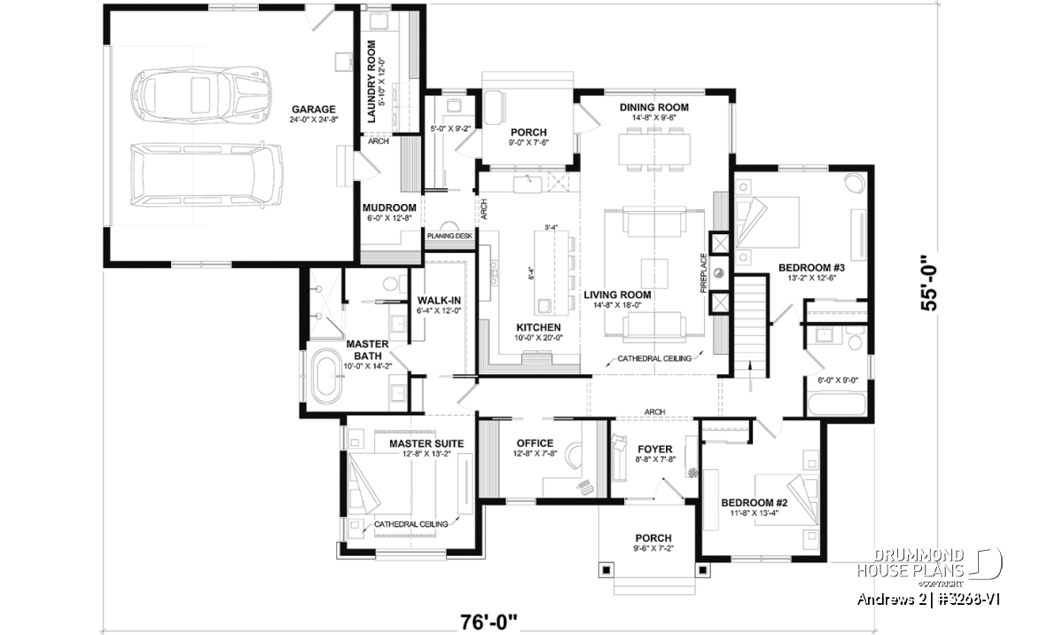 1st level - Basement foundation (Optional $) - Modern single-story residential house plan, stunning primary suite, a two-car garage, and foundation options - Andrews 2