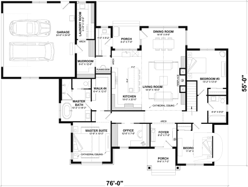 1st level - Basement foundation (Optional $) - Modern single-story residential house plan, stunning primary suite, a two-car garage, and foundation options - Andrews 2