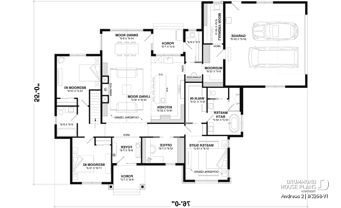 1st level - Basement foundation (Optional $) - Modern single-story residential house plan, stunning primary suite, a two-car garage, and foundation options - Andrews 2