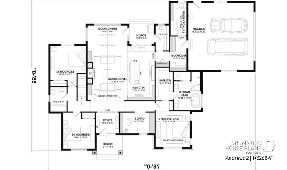 1st level - Basement foundation (Optional $) - Modern single-story residential house plan, stunning primary suite, a two-car garage, and foundation options - Andrews 2