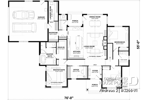 1st level (Optional $) - Modern single-story residential house plan, stunning primary suite, a two-car garage, and foundation options - Andrews 2