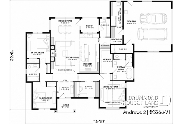 1st level - Modern single-story residential house plan, stunning primary suite, a two-car garage, and foundation options - Andrews 2