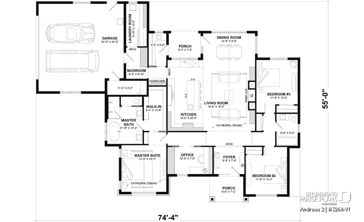1st level - Slab foundation - Modern single-story residential house plan, stunning primary suite, a two-car garage, and foundation options - Andrews 2