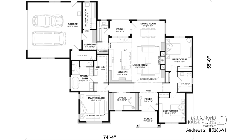 1st level - Slab foundation - Modern single-story residential house plan, stunning primary suite, a two-car garage, and foundation options - Andrews 2