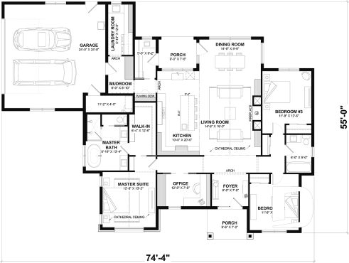 1st level - Slab foundation - Modern single-story residential house plan, stunning primary suite, a two-car garage, and foundation options - Andrews 2