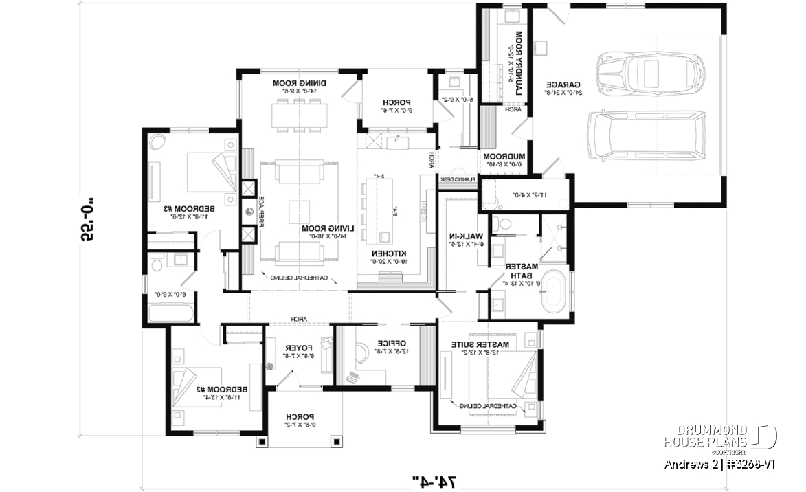 1st level - Slab foundation - Modern single-story residential house plan, stunning primary suite, a two-car garage, and foundation options - Andrews 2