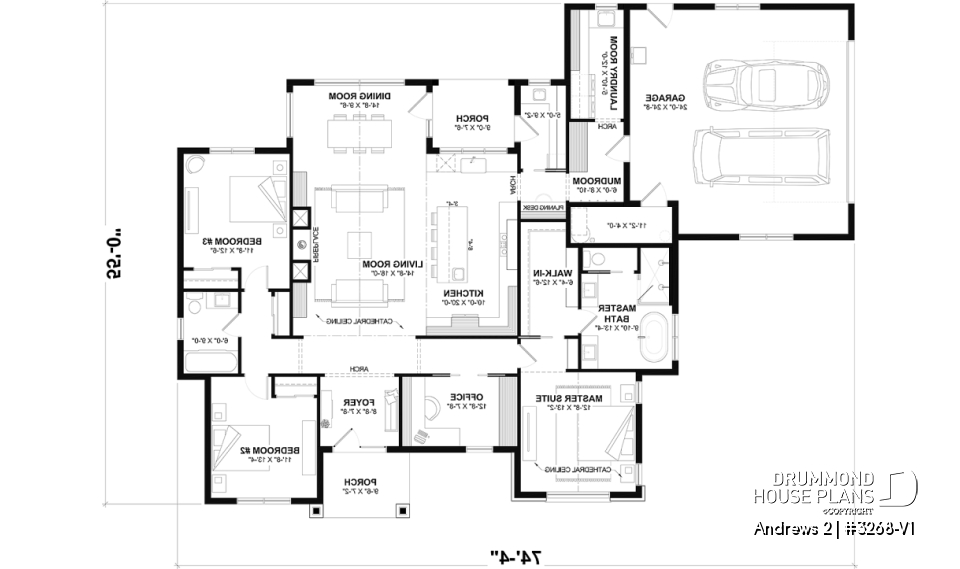 1st level - Slab foundation - Modern single-story residential house plan, stunning primary suite, a two-car garage, and foundation options - Andrews 2