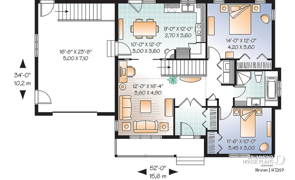 1st level - Single storey country house plan with 2 bedrooms, computer corner, pantry, planning desk and garage - Kirwen