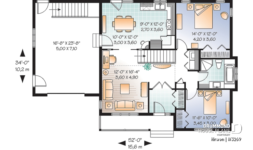 1st level - Single storey country house plan with 2 bedrooms, computer corner, pantry, planning desk and garage - Kirwen
