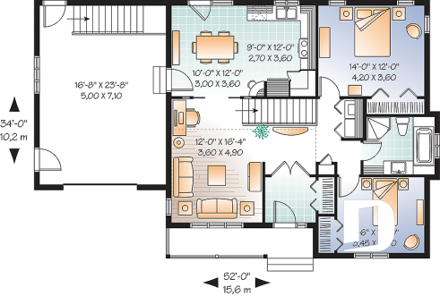 1st level - Single storey country house plan with 2 bedrooms, computer corner, pantry, planning desk and garage - Kirwen
