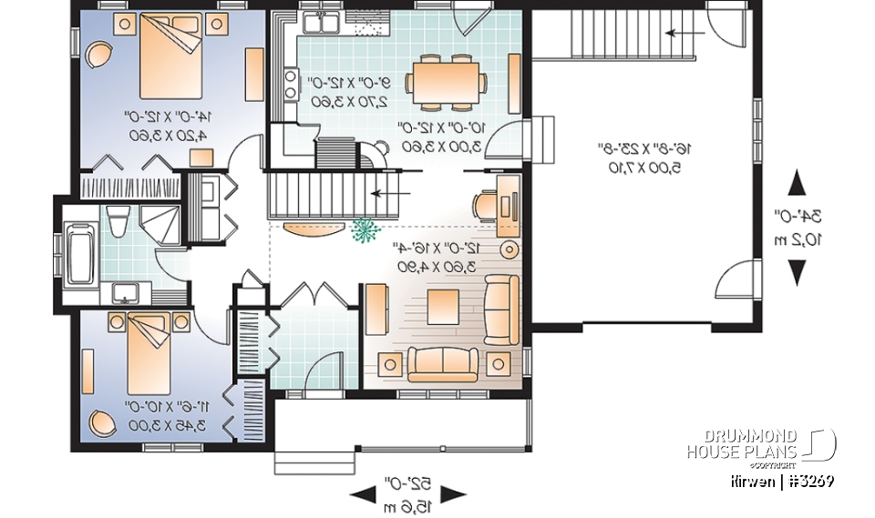 1st level - Single storey country house plan with 2 bedrooms, computer corner, pantry, planning desk and garage - Kirwen