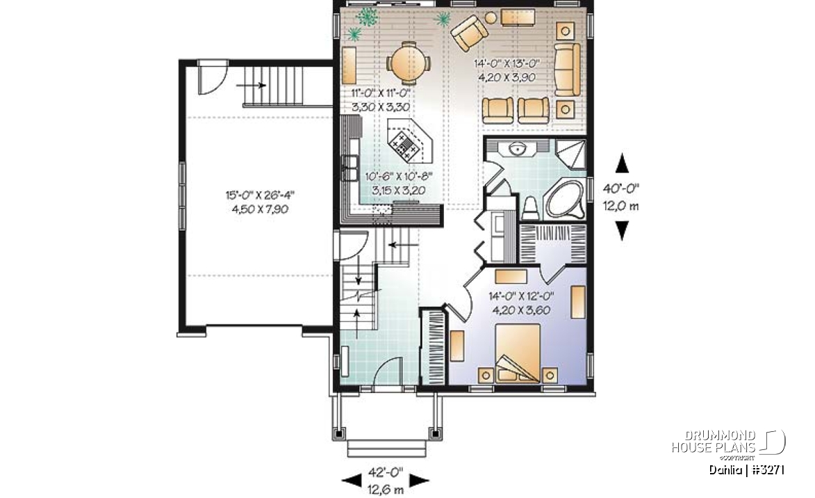 1st level - Craftsman bungalow house plan with open floor plan concept, bonus space (bedroom or else) and garage - Dahlia