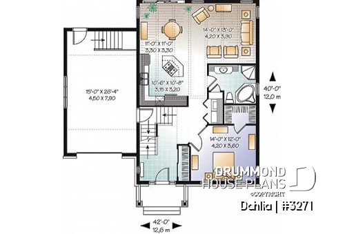 1st level - Craftsman bungalow house plan with open floor plan concept, bonus space (bedroom or else) and garage - Dahlia